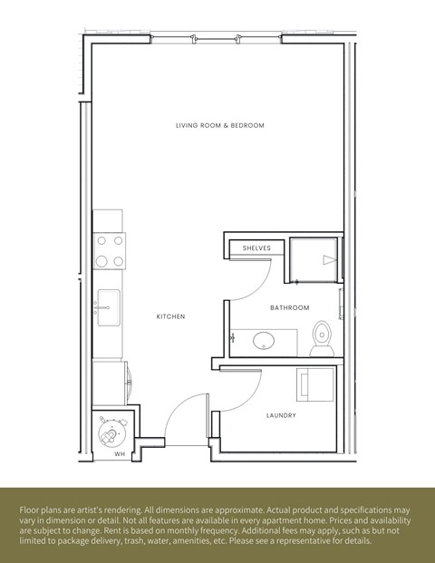A floor plan of an apartment with a living room, kitchen, bathroom and laundry.